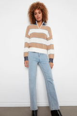 Long Sleeve Drop Shoulder Zipped Mock Neck Striped Sweater