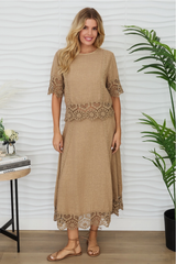 Camel Crochet Lace Sleeve/Hem Linen Top