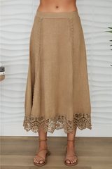 Camel Crochet Lace Hem Linen Skirt