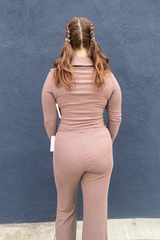 Mocha Long Sleeve Ribbed Button Front Top