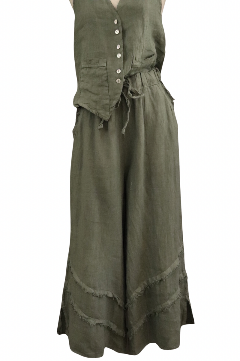 Olive Fringe Linen Pants
