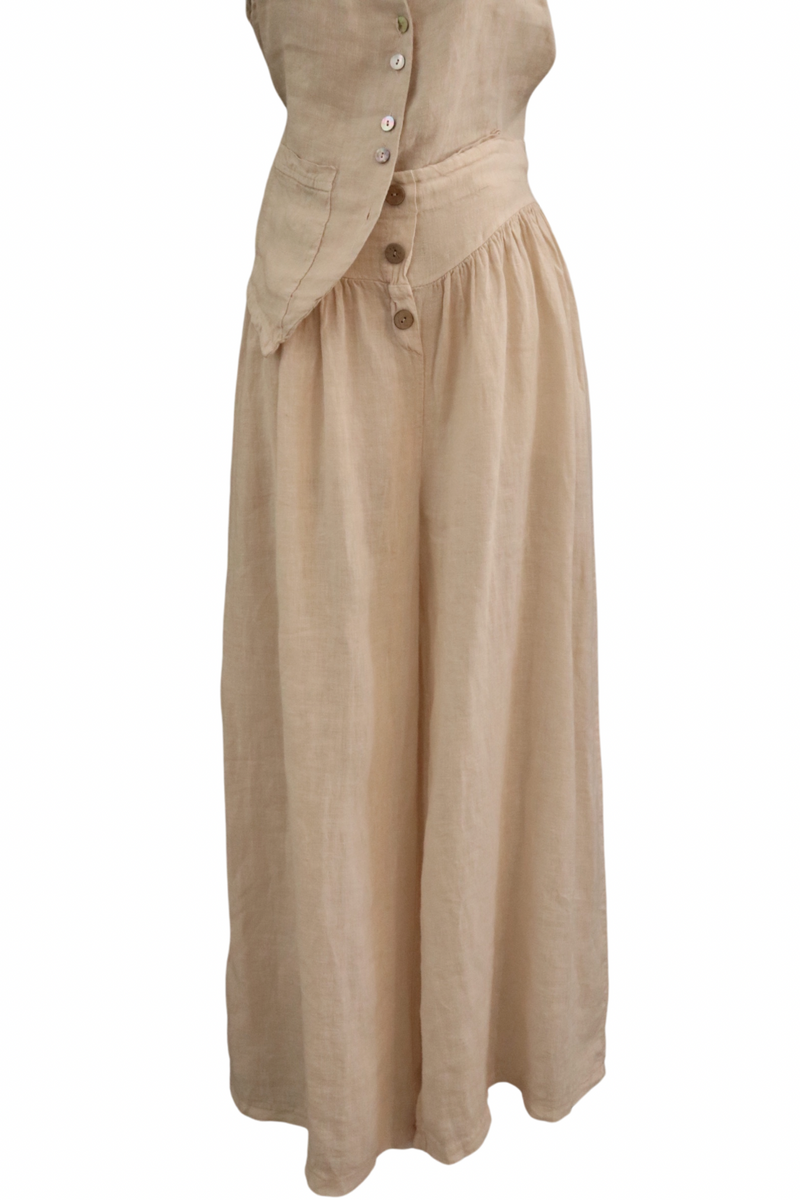 Beige Three Button Front Linen Pants