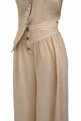 Beige Three Button Front Linen Pants