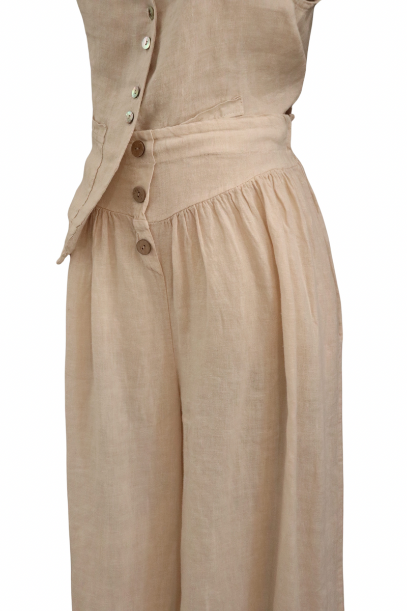 Beige Three Button Front Linen Pants
