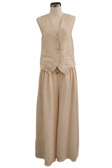 Beige Three Button Front Linen Pants
