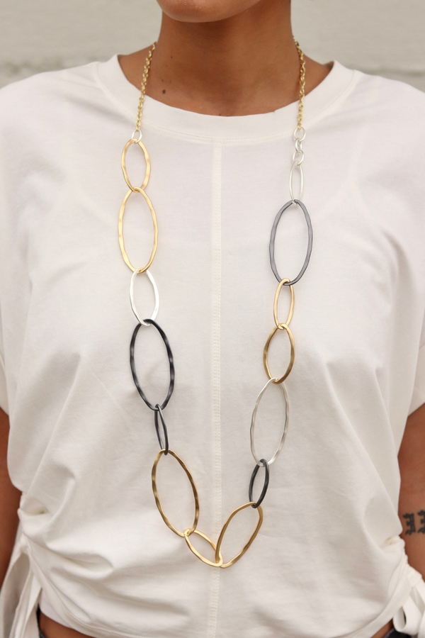 Long Gold Chain with Silver, Gold and Hematite Ovals
