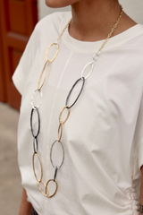 Long Gold Chain with Silver, Gold and Hematite Ovals