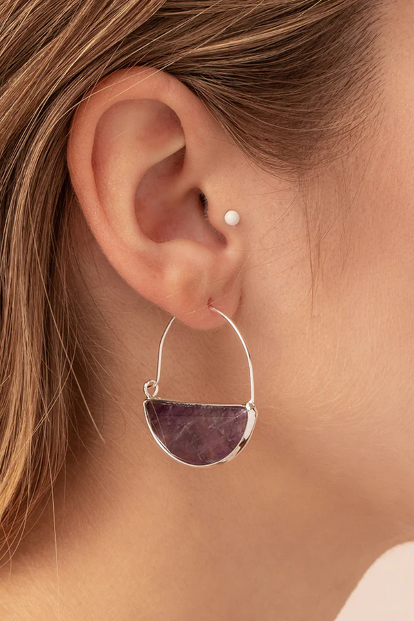 Stone Prism Hoop - Rose Quartz/Silver