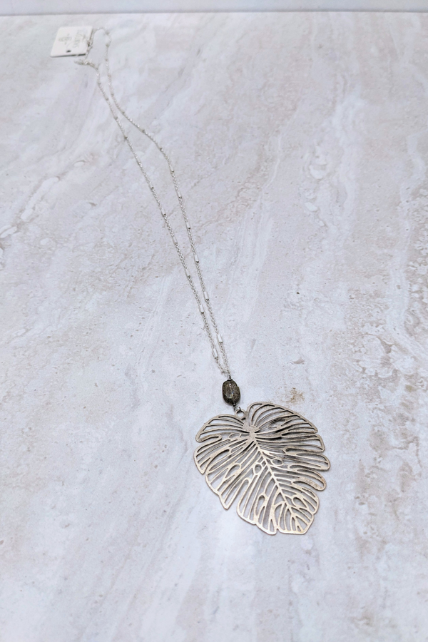 Long Monstera Amulet Silver Necklace