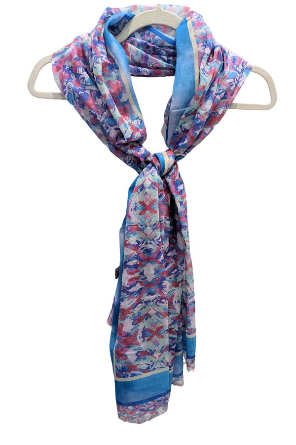 Abstract Print Scarf with Blue Boarder