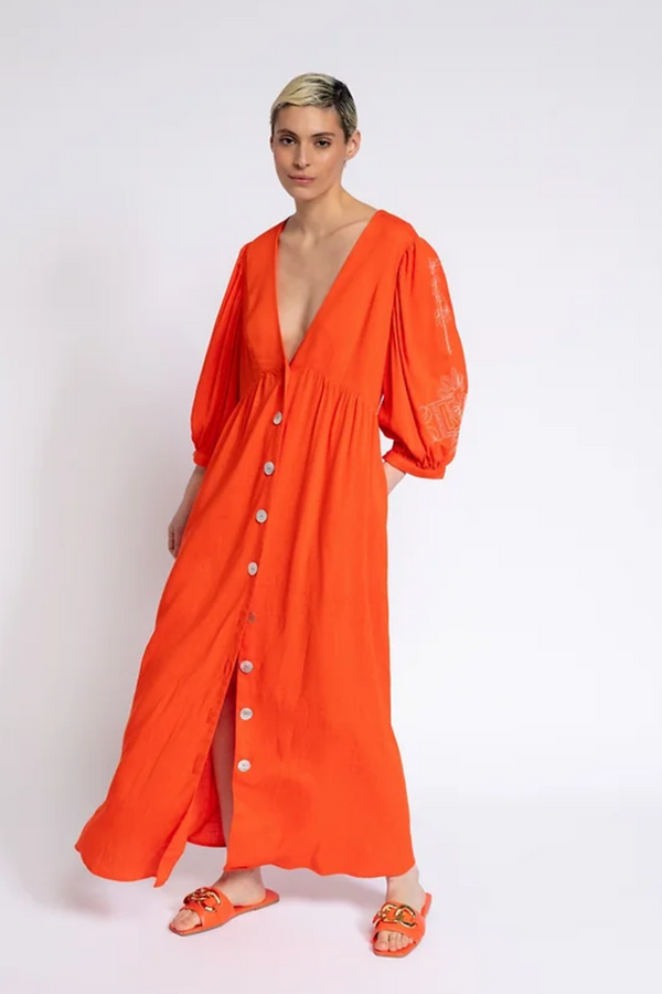Orange Deep V-Neck Button Front Dress