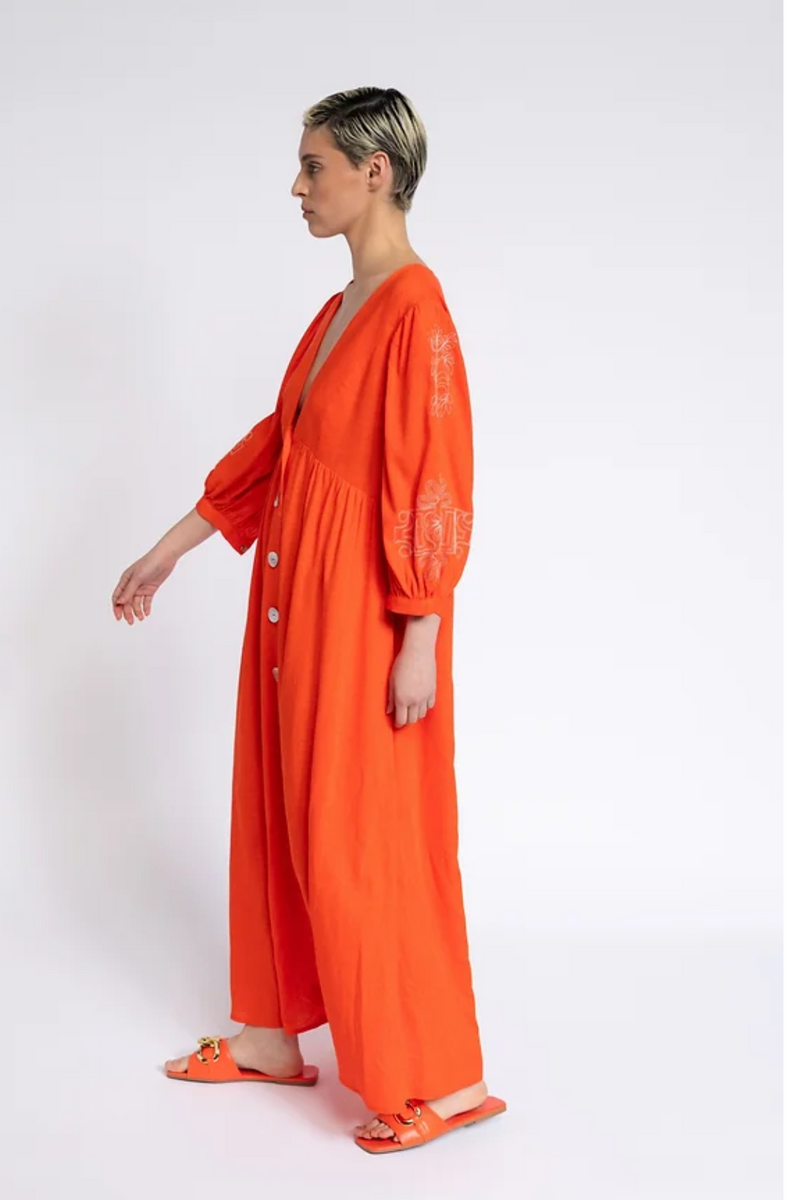 Orange Deep V-Neck Button Front Dress