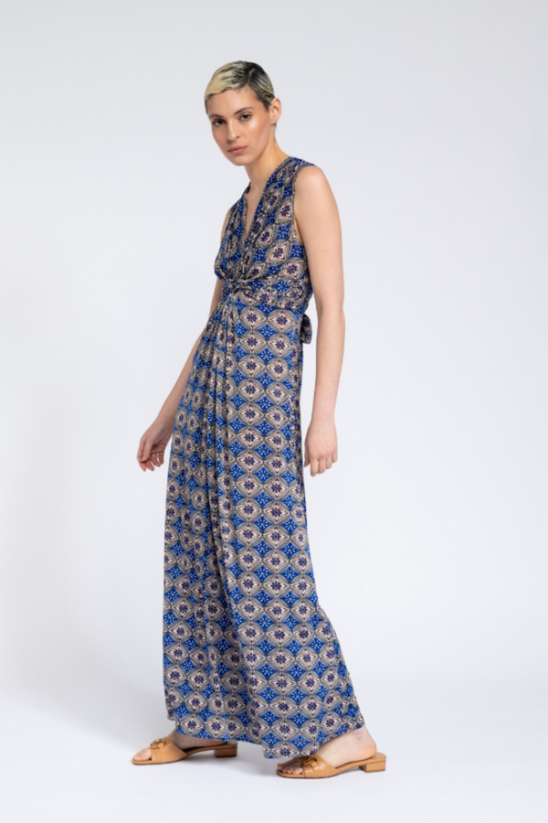 Blue Multi Print Sleeveless V-Neck Dress