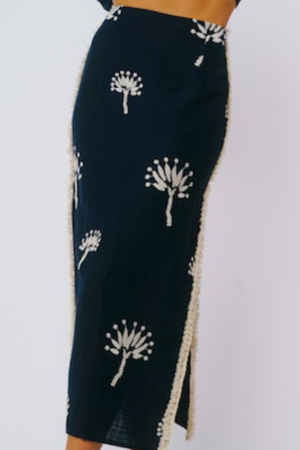 Navy Gemela Embroidered Palm Print Midi Skirt