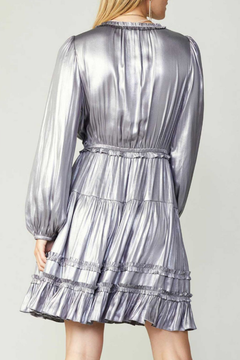 Silver Metallic Long Sleeve Split Neck Dress