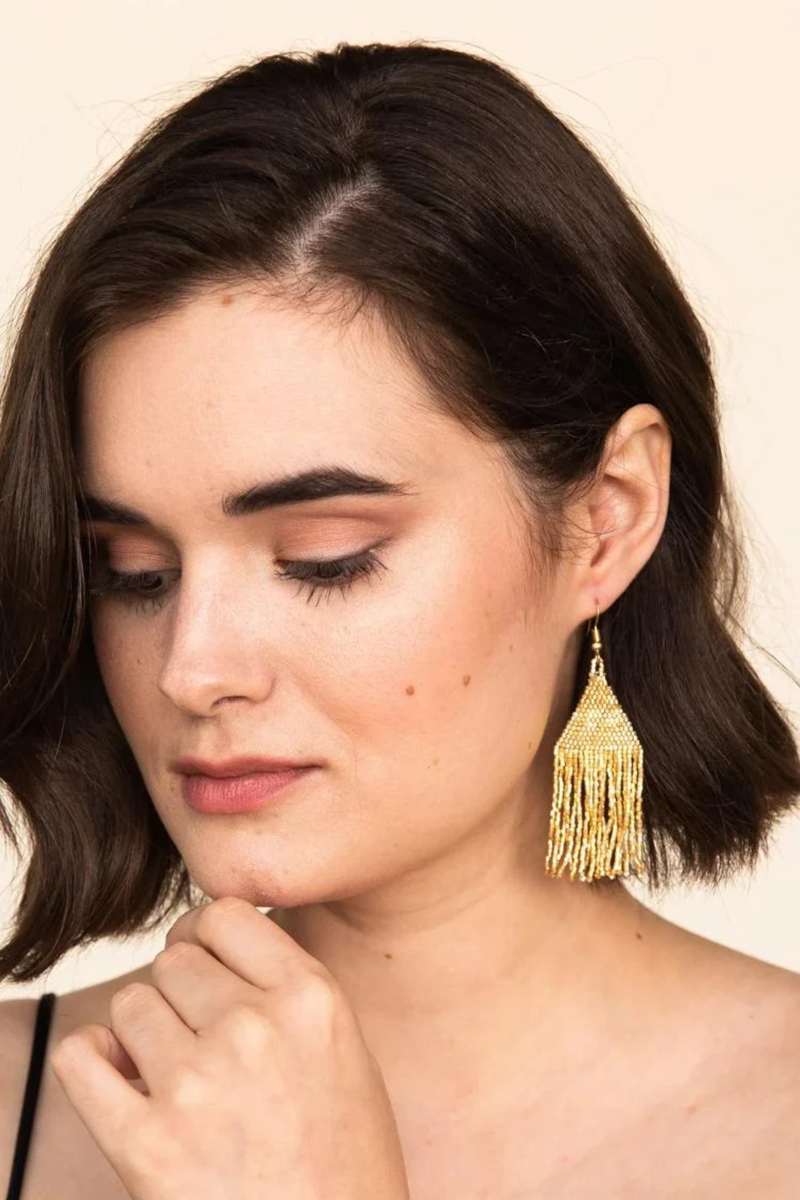 Gold Lexie Solid Beaded Fringe Earrings