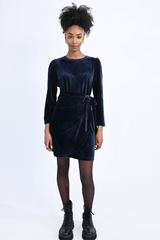 Navy Velvet Long Sleeve Faux Wrap Dress