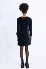 Navy Velvet Long Sleeve Faux Wrap Dress