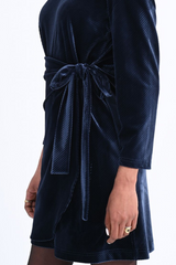 Navy Velvet Long Sleeve Faux Wrap Dress