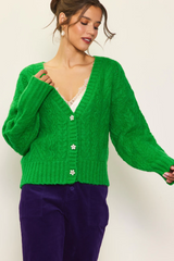 Green V-Neck Pearl Detail Button Cardigan