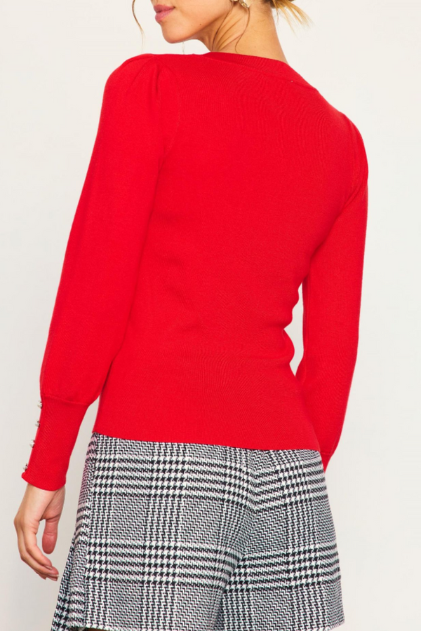 Red Jeweled Button Sleeve Sweater