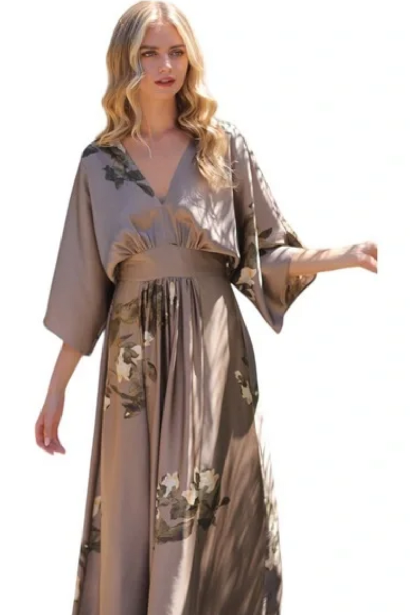 Mocha Grey Kimono Sleeve Tie Back Dress