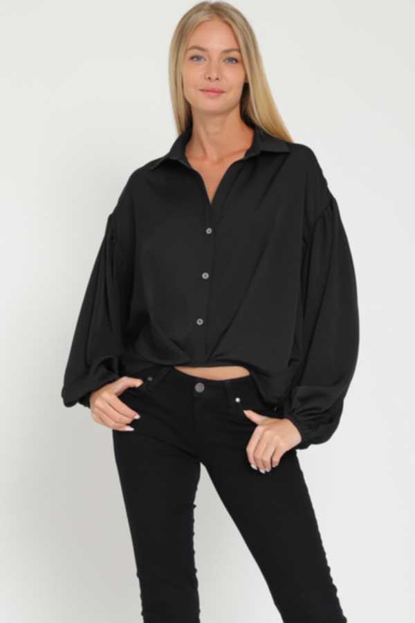 Black Long Sleeve Button Front Top