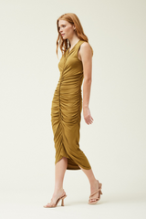 Brown/Olive Soft Jersey Shirring Sleeveless Midi Dress