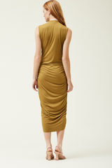 Brown/Olive Soft Jersey Shirring Sleeveless Midi Dress