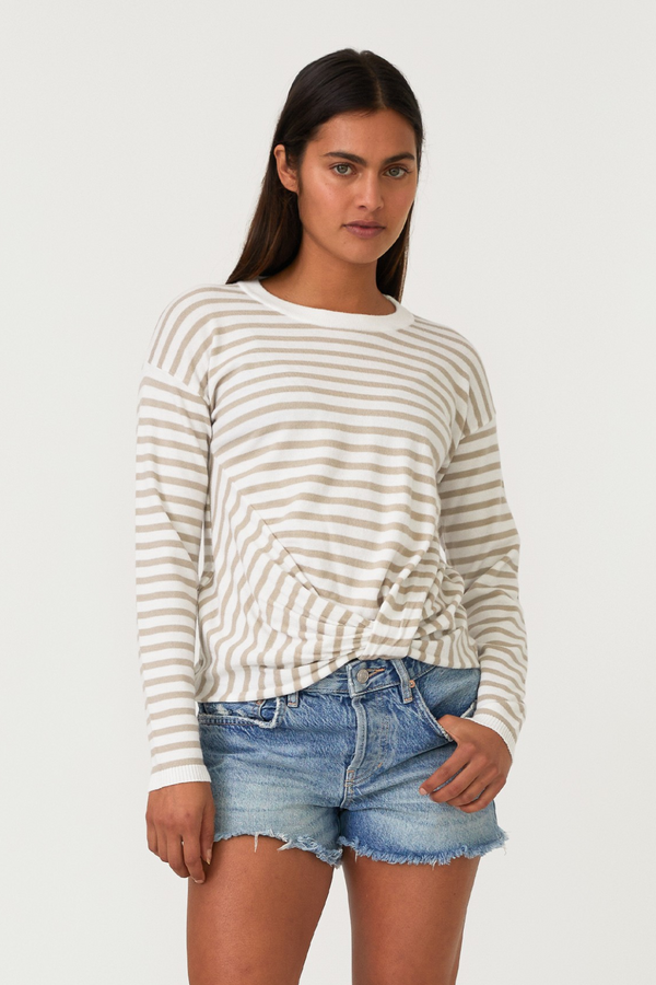 White/Tan Stripe Front Knot Pullover Long Sleeve Top