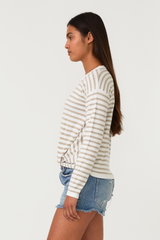 White/Tan Stripe Front Knot Pullover Long Sleeve Top
