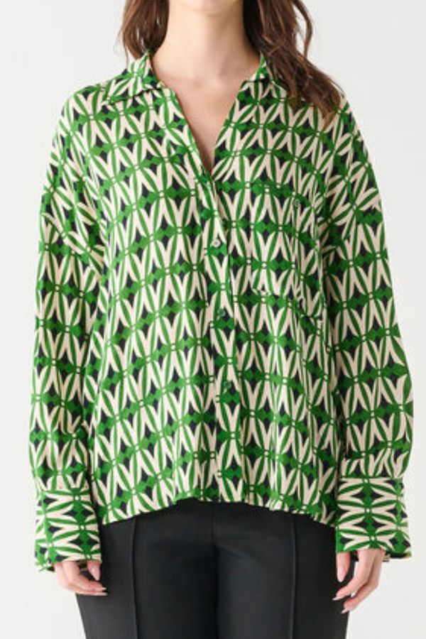 Green Print Long Sleeve Button Front Top