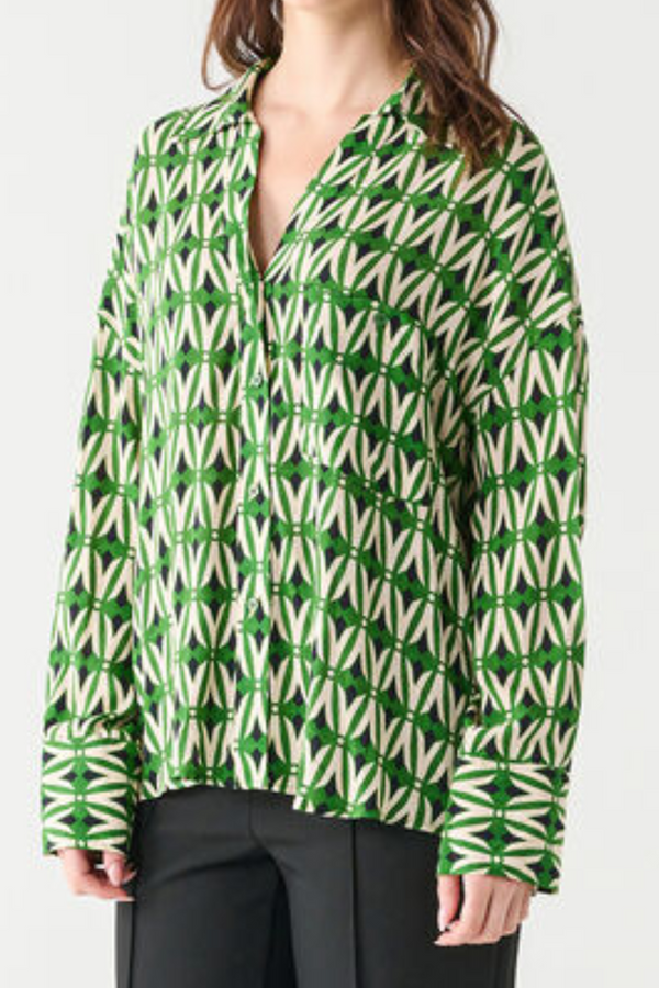 Green Print Long Sleeve Button Front Top
