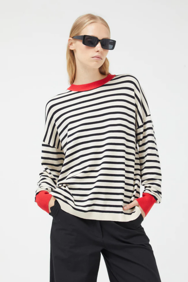 Oversized Black/White Long Sleeve Striped Sweater with Red Trim
