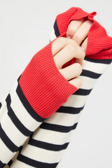Oversized Black/White Long Sleeve Striped Sweater with Red Trim