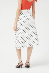 White Polka Dot Denim Midi Skirt
