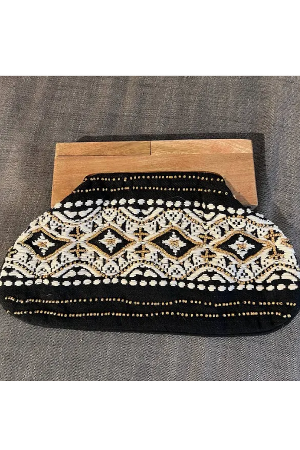 Black/White and Gold Beaded Clutch with Wooden Handle
