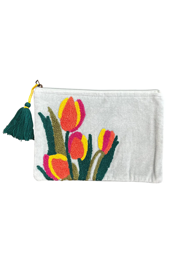 Embroidered Puffy Tulips On Pale Blue Pouch
