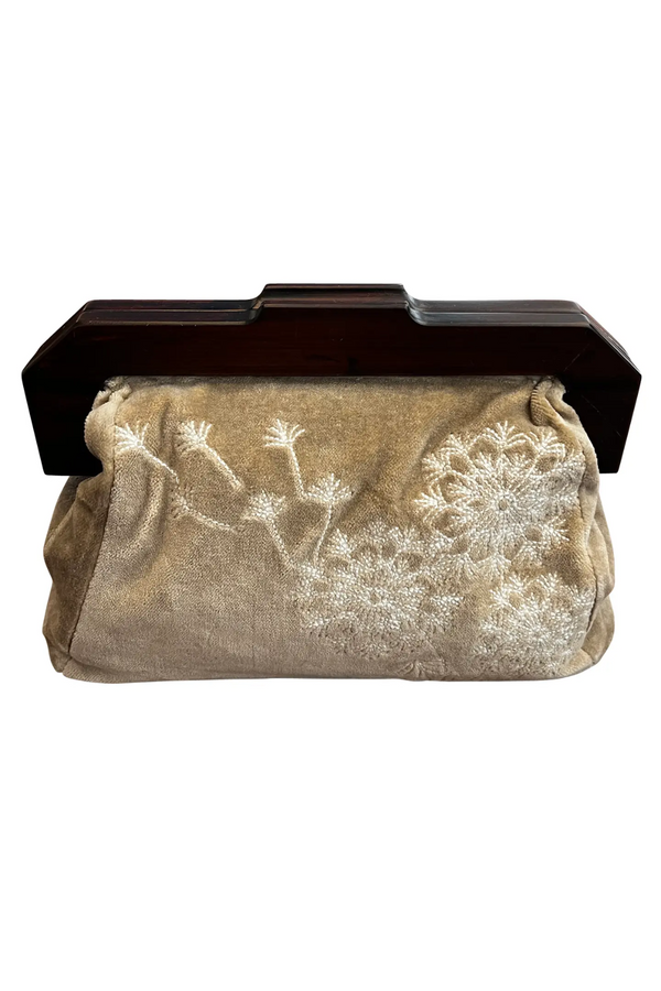 Beige Velvet Dandelion Clutch with Wooden Handle