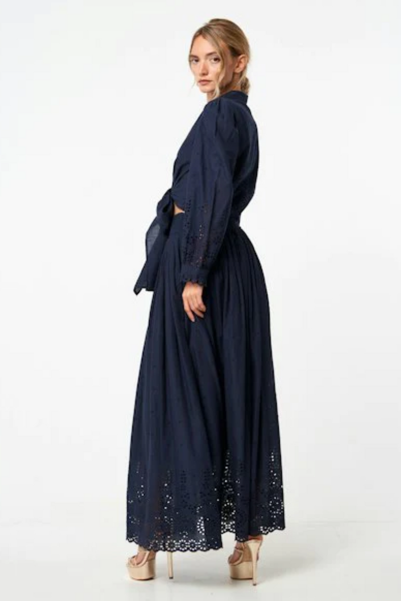 Navy Eyelet Maxi Skirt