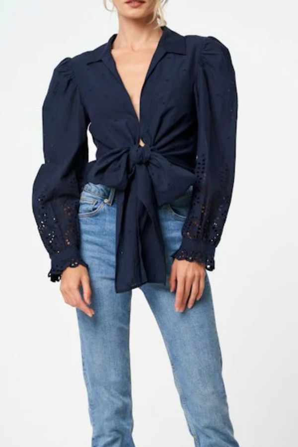 Navy Eyelet Tie Front Long Sleeve Top