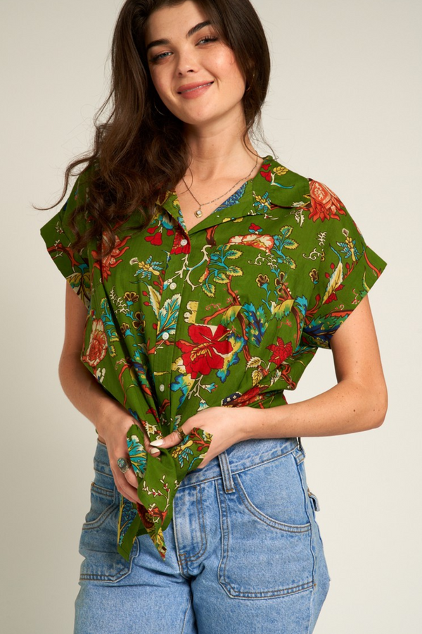 Printed Short Sleeve Button Down Top