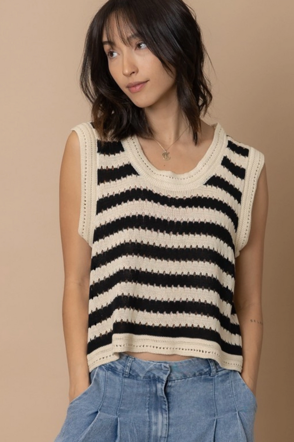Cream/Black Stripe Sleeveless Knit Top