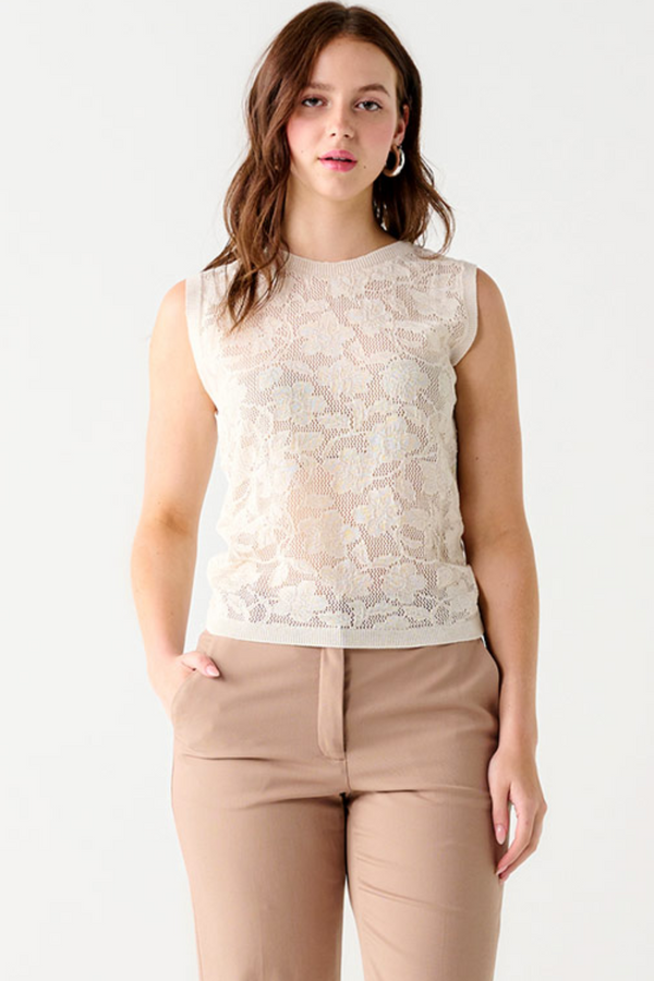 Cream Knit Tank with Embossed Floral Print