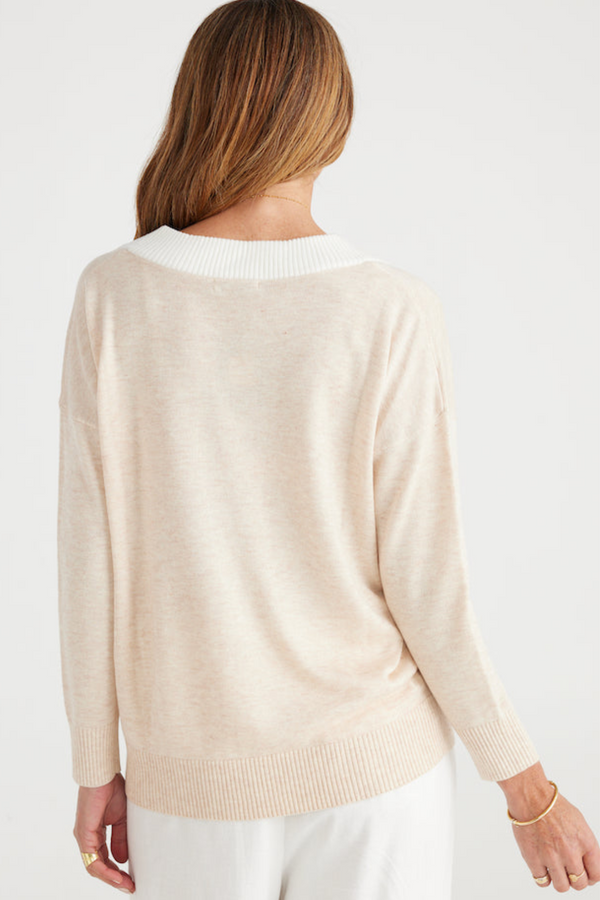 Oat/White Barcelona Long Sleeve V-Neck Sweater