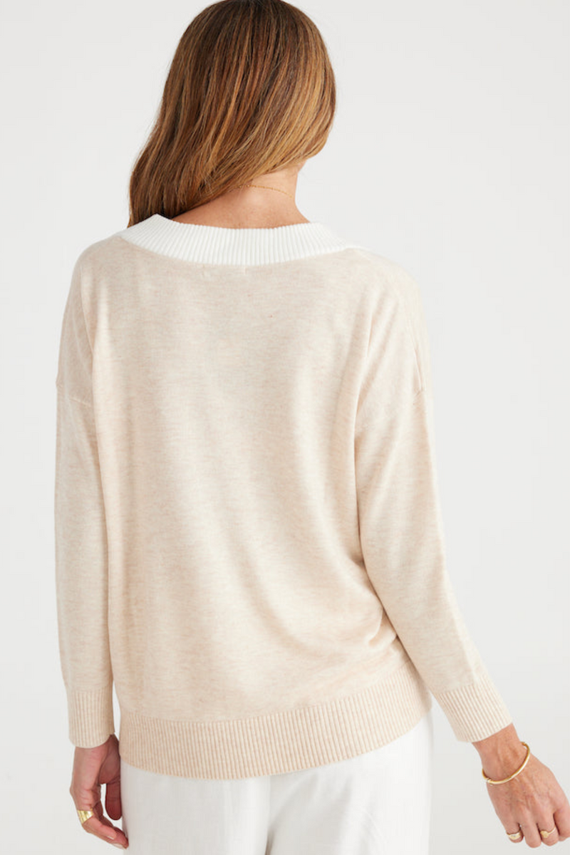 Oat/White Barcelona Long Sleeve V-Neck Sweater