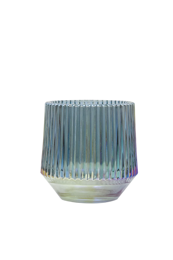 Iridescent Blue Ribbed Vase/Candle Holder