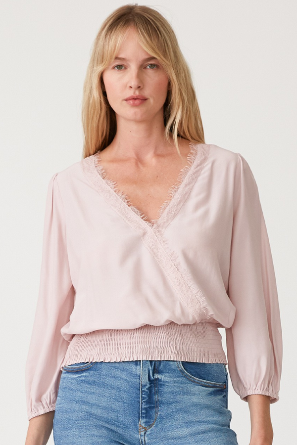 Dusty Pink Three Quarter Lace Trim V Neck Top with Smocked Waistband