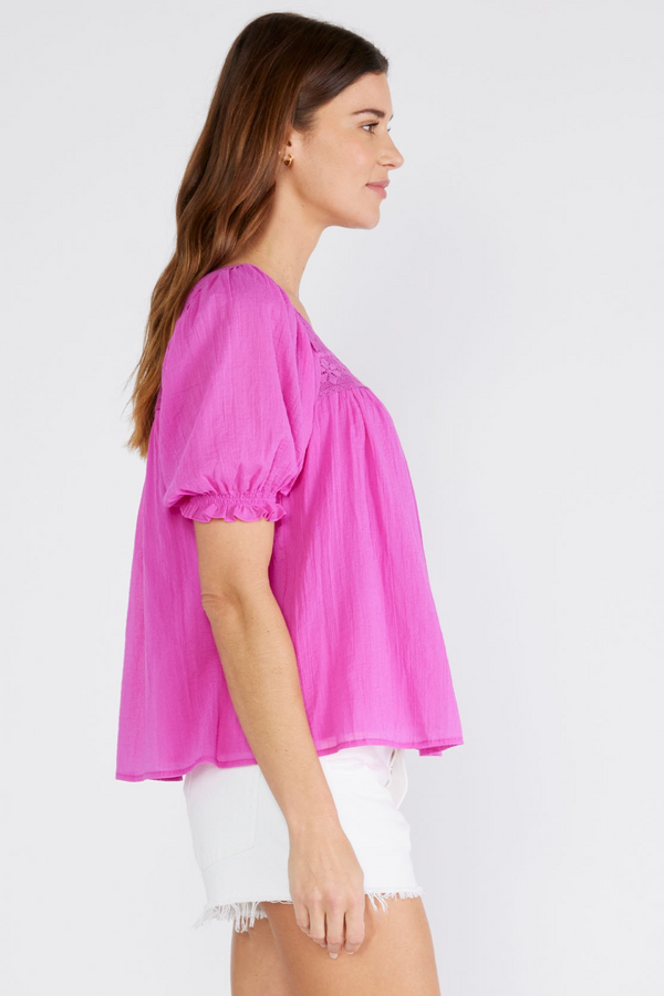 Orchid Lace Trim Square Neck Puff Sleeve Blouse