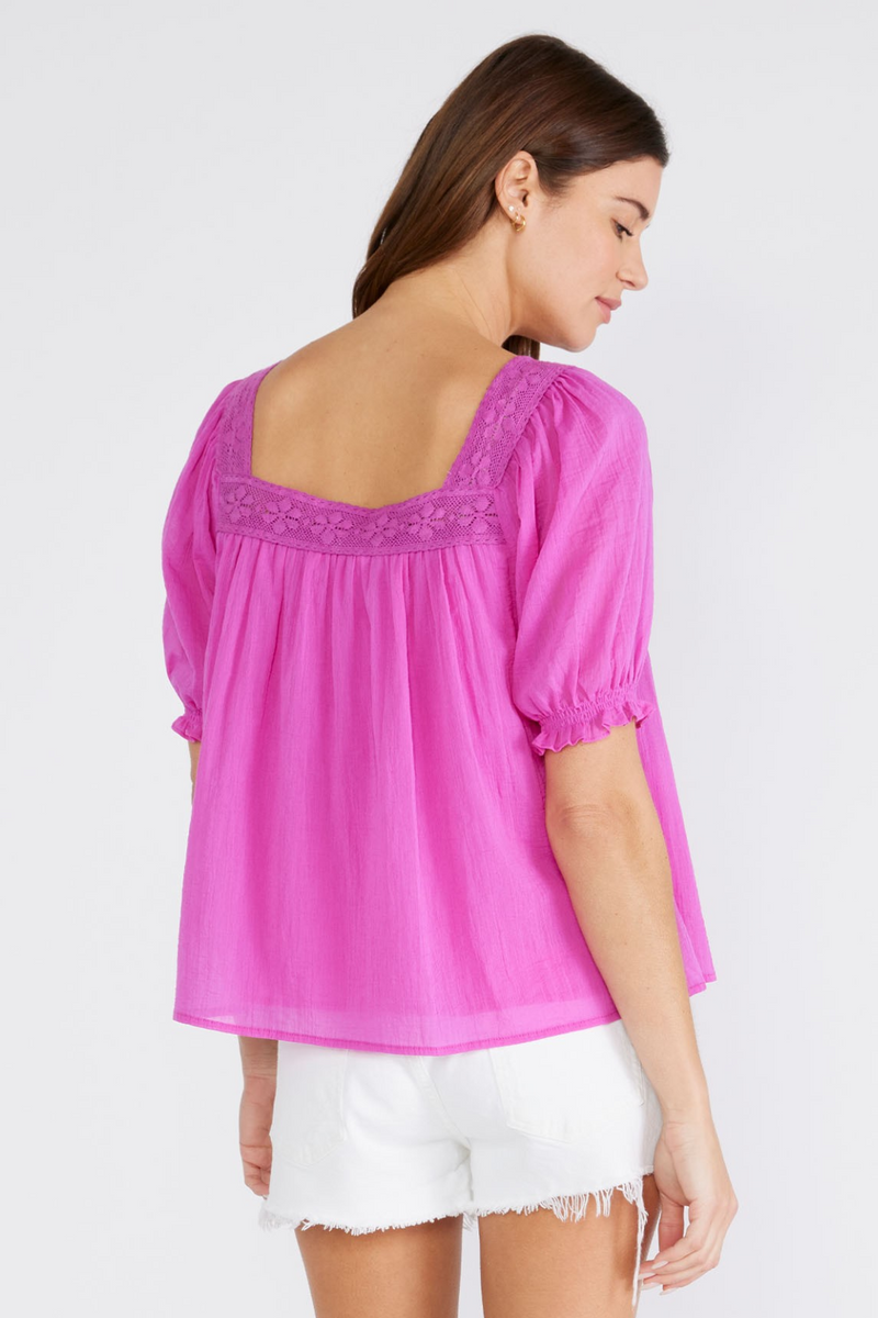 Orchid Lace Trim Square Neck Puff Sleeve Blouse